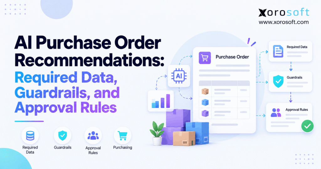 AI purchase order recommendations showing required inventory data, purchasing guardrails, and approval rules in an ERP workflow.