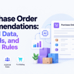 AI purchase order recommendations showing required inventory data, purchasing guardrails, and approval rules in an ERP workflow.