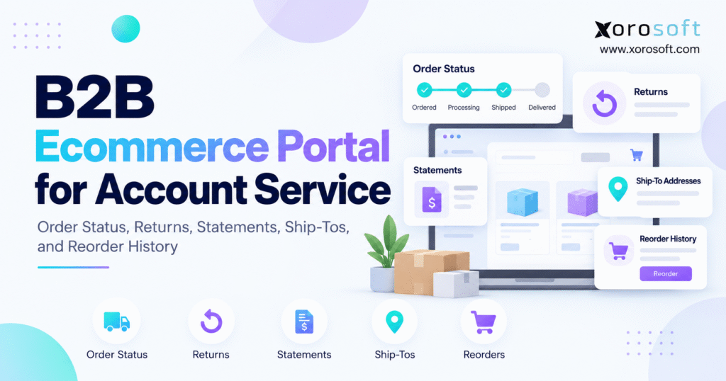 B2B ecommerce account portal banner with order status, returns, statements, ship-to addresses, and reorder history UI elements alongside Xorosoft branding.