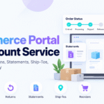 B2B ecommerce account portal banner with order status, returns, statements, ship-to addresses, and reorder history UI elements alongside Xorosoft branding.