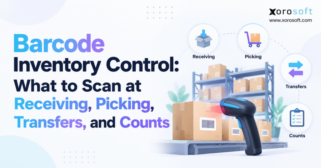 Barcode inventory control for receiving, picking, transfers, and counts.