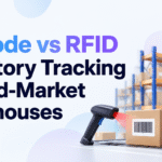Barcode vs RFID inventory tracking for mid-market warehouses, featuring a warehouse scene with a barcode scanner, RFID reader, shipping box, and Xorosoft branding.