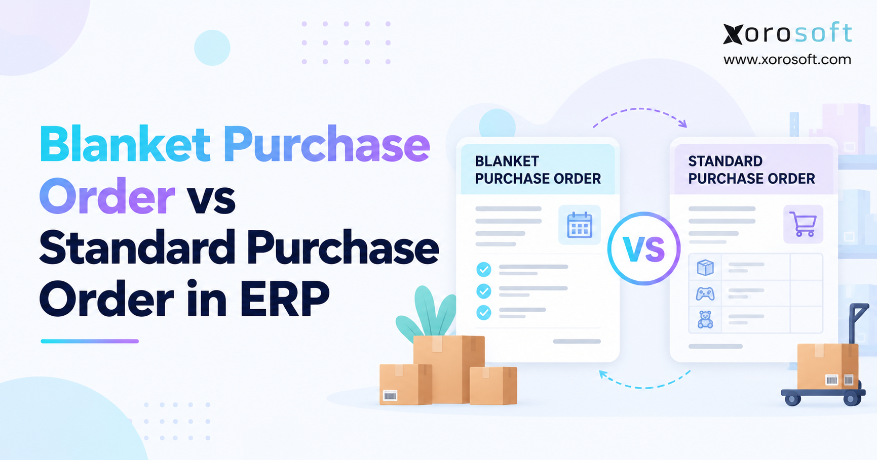 Blanket Purchase Order vs Standard Purchase Order in ERP, comparing purchasing workflows, supplier agreements, and inventory management.