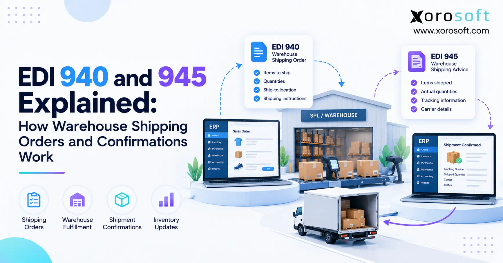 EDI 940 and 945 workflow showing warehouse shipping orders, 3PL fulfillment, shipment confirmation, and ERP inventory updates.