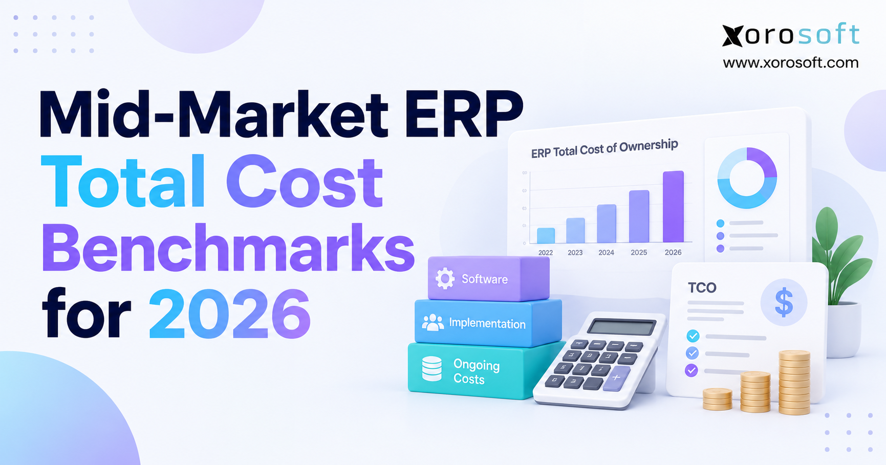 ERP Cost Benchmarks 2026 Mid-market ERP cost benchmarks for 2026 with charts, calculator, and Xorosoft branding.