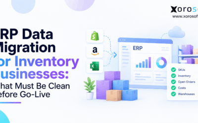 ERP Data Migration for Inventory Businesses What Must Be Clean Before Go-Live ERP inventory migration checklist showing SKU validation, warehouse stock, open orders, and cost checks before go-live.
