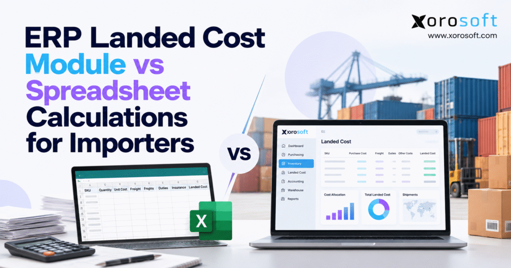 ERP landed cost module vs Excel spreadsheets for importers, featuring inventory costing and freight calculations.