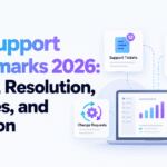 ERP support benchmarks dashboard with tickets, resolution time, change requests, and user adoption metrics.