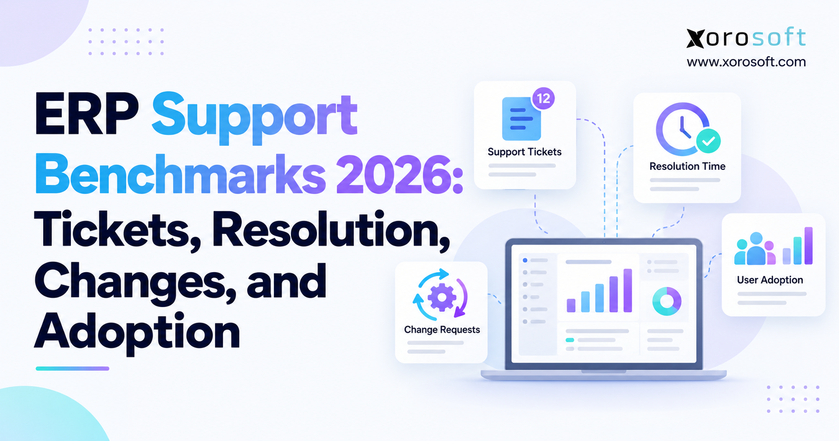 ERP support benchmarks dashboard with tickets, resolution time, change requests, and user adoption metrics.