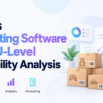 Minimalist blog banner for “ERP vs Accounting Software for SKU-Level Profitability Analysis,” featuring the Xorosoft logo, analytics dashboard graphics, calculator, shipping boxes with toy icons, and icons for inventory, purchasing, analytics, and accounting.