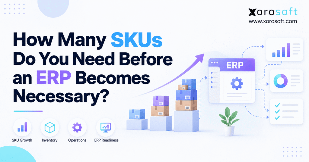 How many SKUs before ERP becomes necessary, illustrated with growing inventory stacks and a connected ERP dashboard.