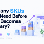 How many SKUs before ERP becomes necessary, illustrated with growing inventory stacks and a connected ERP dashboard.