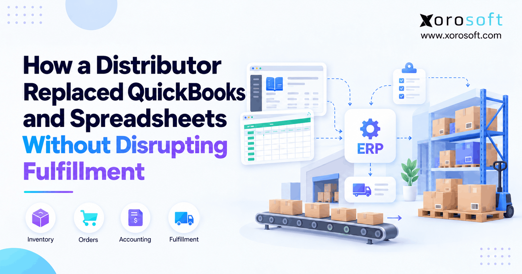 QuickBooks replacement for distributors showing ERP migration from spreadsheets to connected warehouse fulfillment.