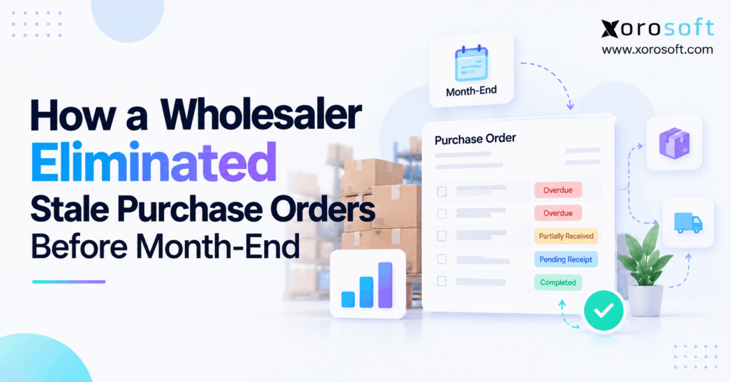 Stale purchase orders cleanup showing overdue, partially received, and completed orders before month-end.