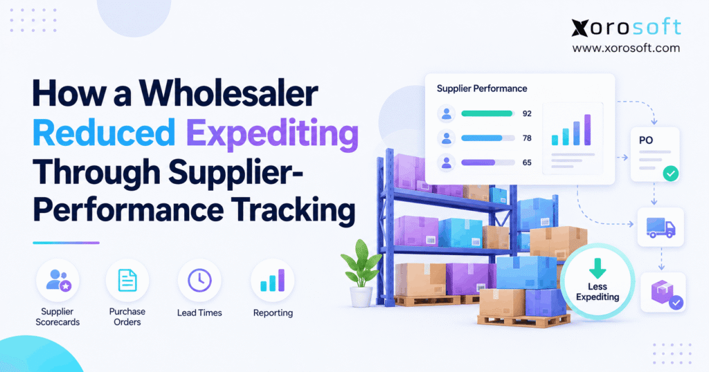 Supplier performance tracking dashboard showing delivery scores, warehouse inventory, and reduced order expediting.