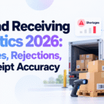 Blog header image for “Inbound Receiving Statistics 2026: Shortages, Rejections, and Receipt Accuracy” featuring warehouse receiving boxes, a truck, barcode scanner, and KPI icons for shortages, rejections, and receipt accuracy.