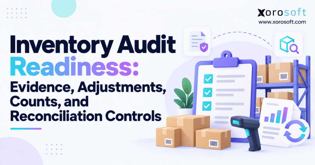 Minimal blog banner for “Inventory Audit Readiness” with warehouse boxes, checklist, and Xorosoft branding.