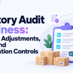 Minimal blog banner for “Inventory Audit Readiness” with warehouse boxes, checklist, and Xorosoft branding.