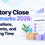 Inventory Close Benchmarks 2026 blog banner with warehouse shelves, boxes, checklist, analytics chart, and clock illustrating reconciliations, adjustments, and processing time.