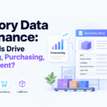 Inventory data governance connecting SKU records, forecasting, purchasing, and fulfillment through a centralized ERP system.