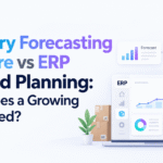 Inventory Forecasting Software vs ERP Demand Planning with analytics dashboard and warehouse illustration.