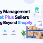 Blog banner showing inventory management for Target Plus sellers expanding beyond Shopify, with Shopify and Target Plus connected to a warehouse inventory dashboard.