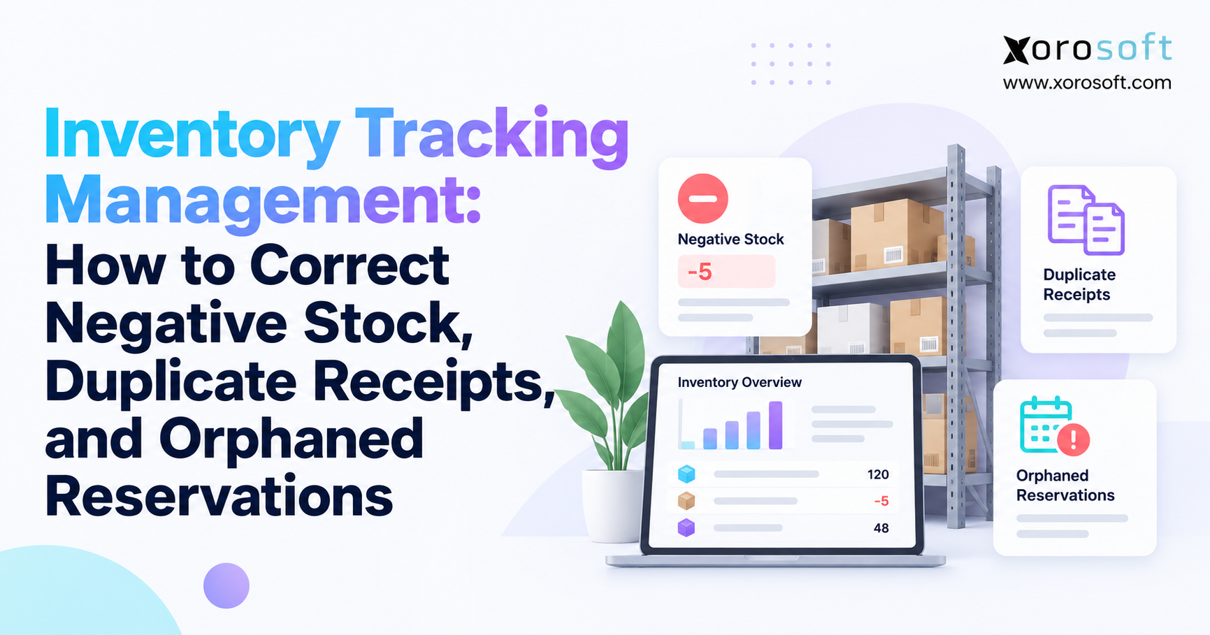 Inventory tracking management showing negative stock, duplicate receipts, and orphaned reservations.