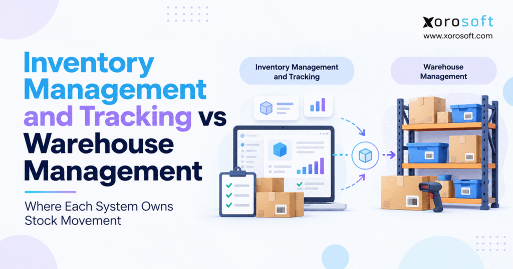 Inventory vs WMS blog header with stock movement and warehouse workflow illustration.