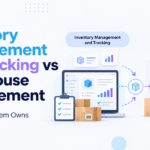 Inventory vs WMS blog header with stock movement and warehouse workflow illustration.