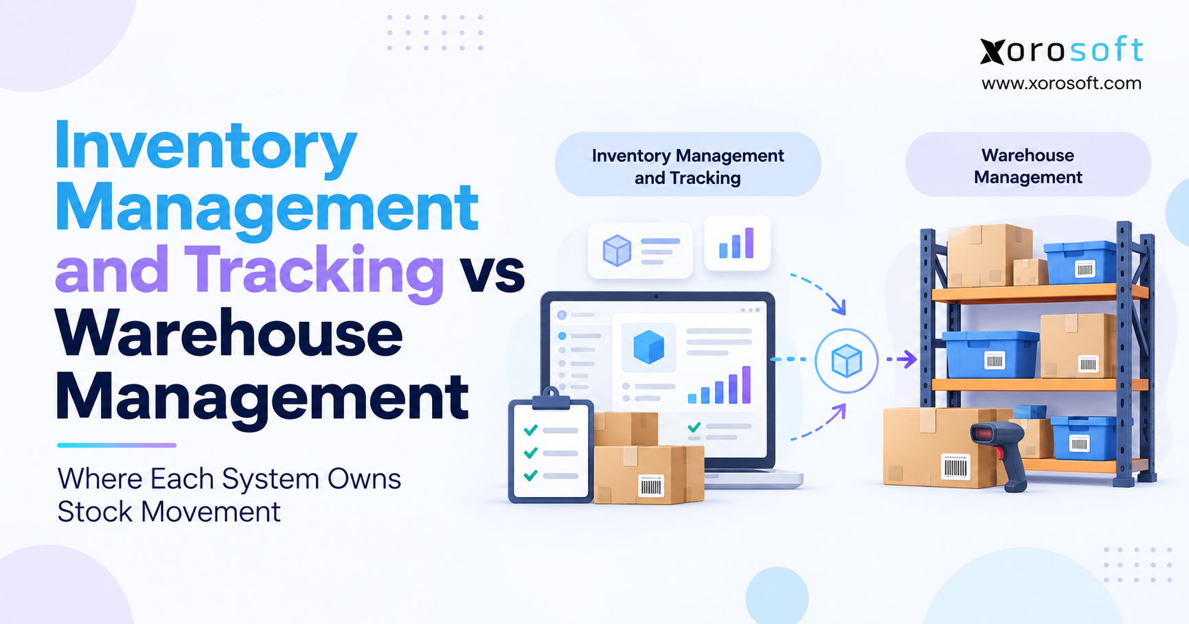 Inventory and Warehouse Management Comparison Inventory vs WMS blog header with stock movement and warehouse workflow illustration.