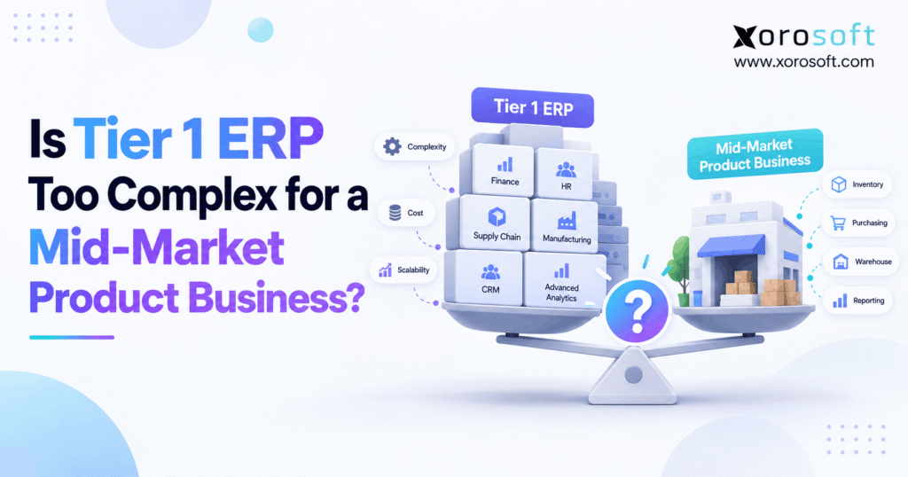 Tier 1 ERP complexity compared with mid-market product business needs using a balance scale illustration.