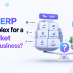 Tier 1 ERP complexity compared with mid-market product business needs using a balance scale illustration.