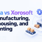Katana vs Xorosoft comparison graphic for manufacturing, warehousing, and accounting.