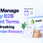 Shopify B2B payment terms graphic showing AR, invoices, and order release workflow with Xorosoft branding.