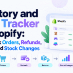 Shopify sales inventory tracker graphic showing orders, refunds, returns, and stock changes.