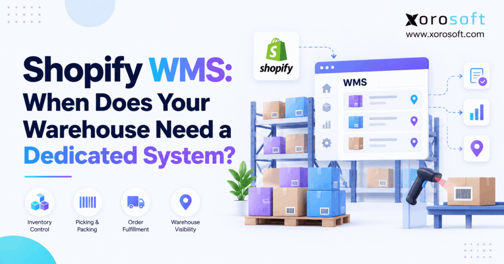 Shopify WMS readiness illustration showing warehouse inventory, barcode scanning, picking, packing, and fulfillment operations.