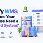 Shopify WMS readiness illustration showing warehouse inventory, barcode scanning, picking, packing, and fulfillment operations.