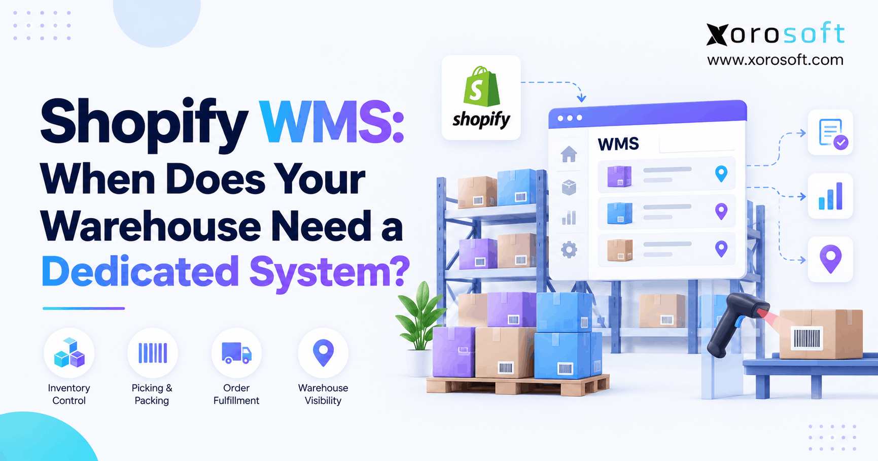 Shopify WMS readiness illustration showing warehouse inventory, barcode scanning, picking, packing, and fulfillment operations.