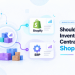 Shopify vs ERP inventory diagram showing marketplace stock centralized between Shopify, ERP, and multiple ecommerce channels.