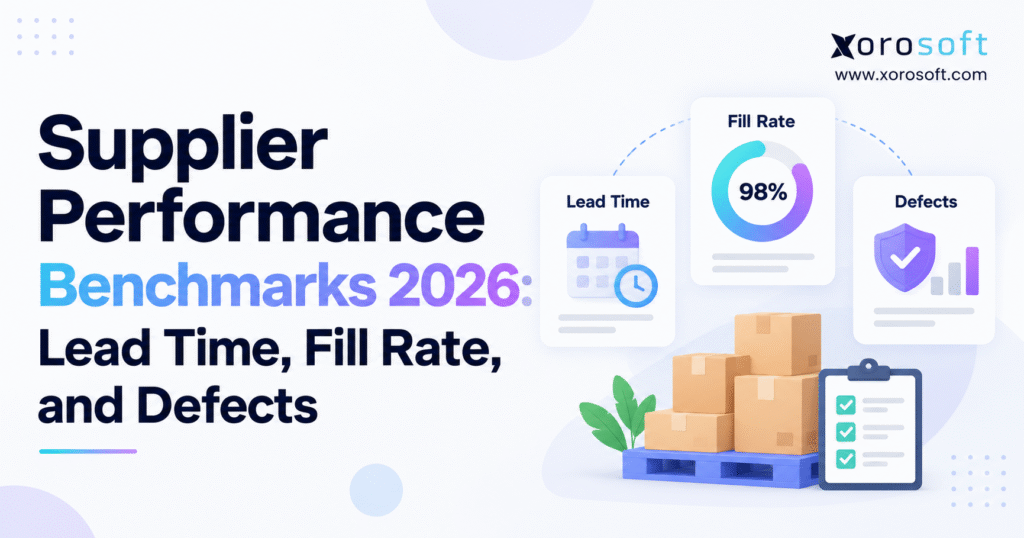 Supplier performance benchmarks graphic showing lead time, fill rate, and defects with Xorosoft branding.