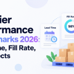Supplier performance benchmarks graphic showing lead time, fill rate, and defects with Xorosoft branding.