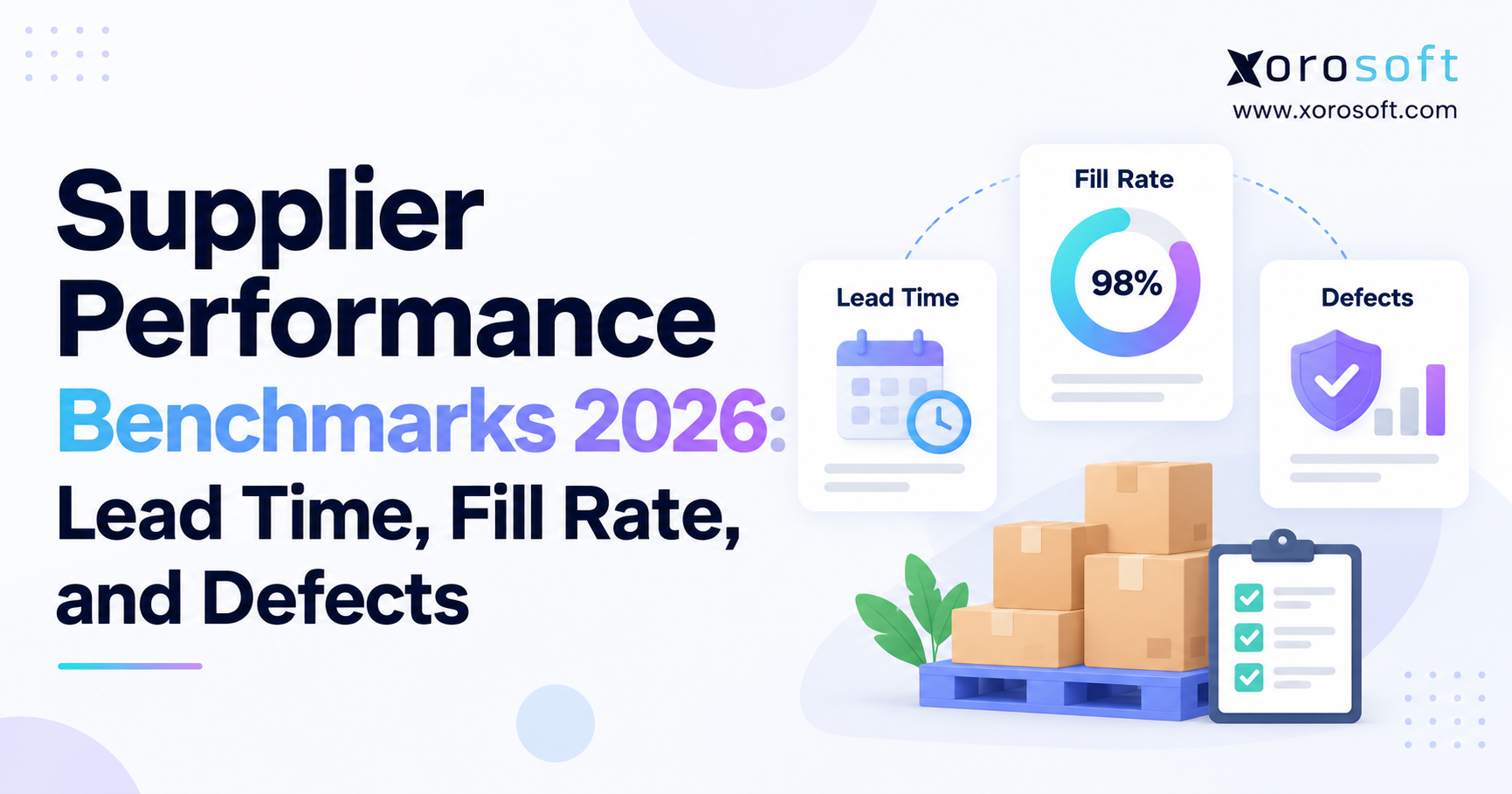 Supplier performance benchmarks graphic showing lead time, fill rate, and defects with Xorosoft branding.