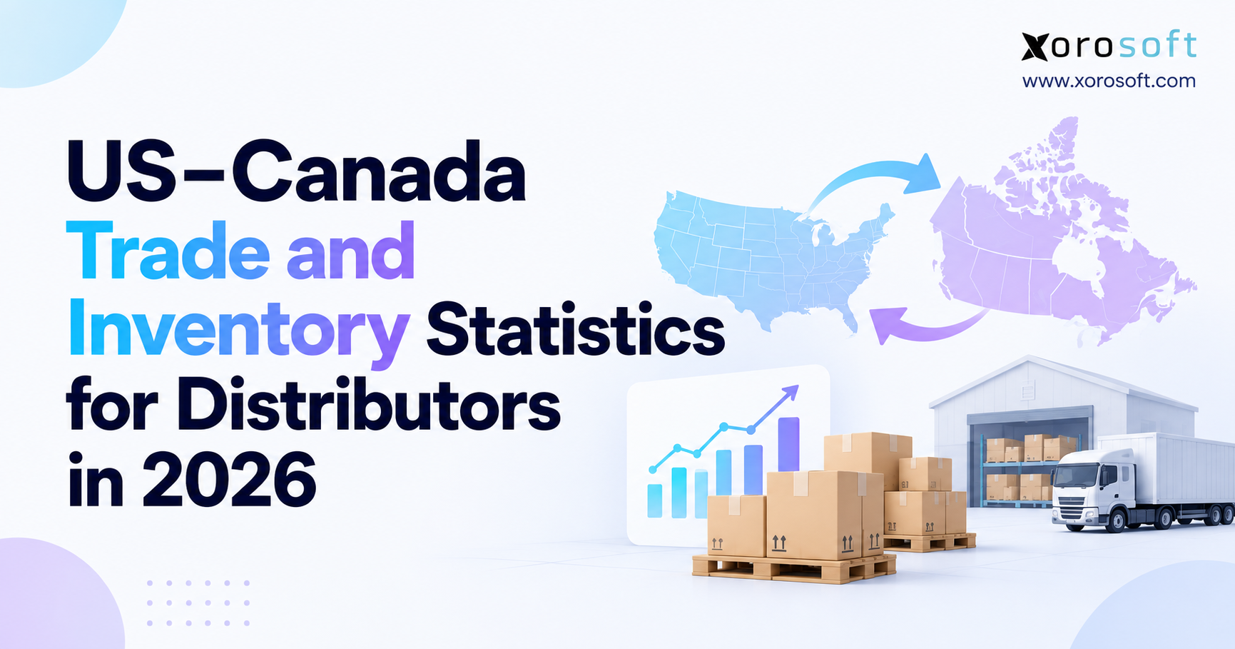 US–Canada trade and inventory statistics blog header with maps, boxes, warehouse, and Xorosoft branding.