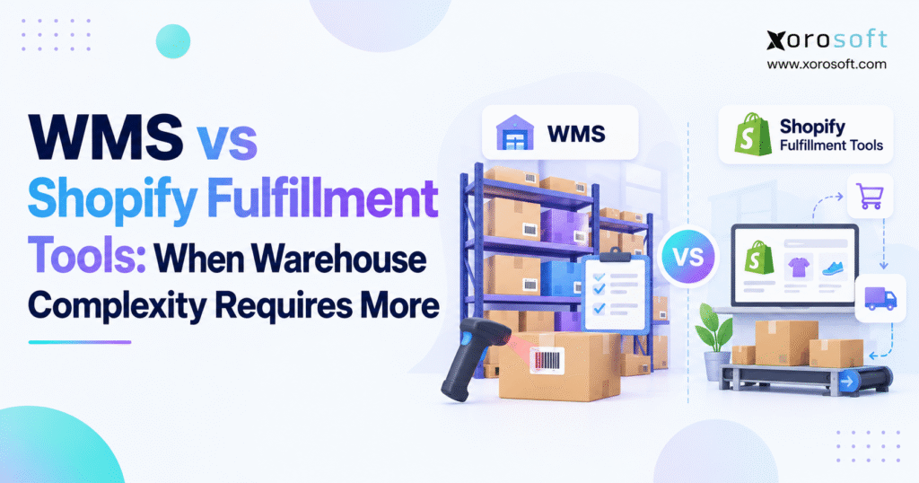 WMS vs Shopify Fulfillment Tools comparison showing warehouse inventory management, barcode scanning, order picking, and shipping operations.