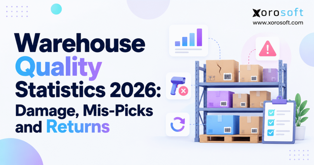 Minimalistic blog banner for “Warehouse Quality Statistics 2026: Damage, Mis-Picks and Returns,” featuring the Xorosoft logo, warehouse shelves with boxes, and icons representing damage, scanning errors, returns, analytics, and quality checks.