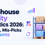 Minimalistic blog banner for “Warehouse Quality Statistics 2026: Damage, Mis-Picks and Returns,” featuring the Xorosoft logo, warehouse shelves with boxes, and icons representing damage, scanning errors, returns, analytics, and quality checks.