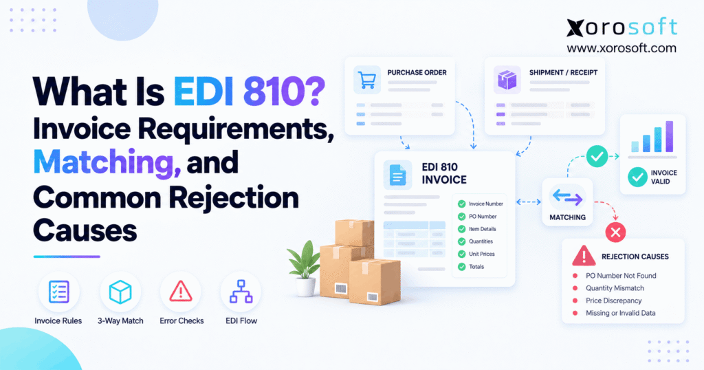 EDI 810 invoice requirements showing purchase order matching, shipment verification, and common retailer rejection causes.