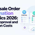 Wholesale order automation statistics 2026 infographic showing order entry, approval workflows, exception costs, and Xorosoft ERP analytics.