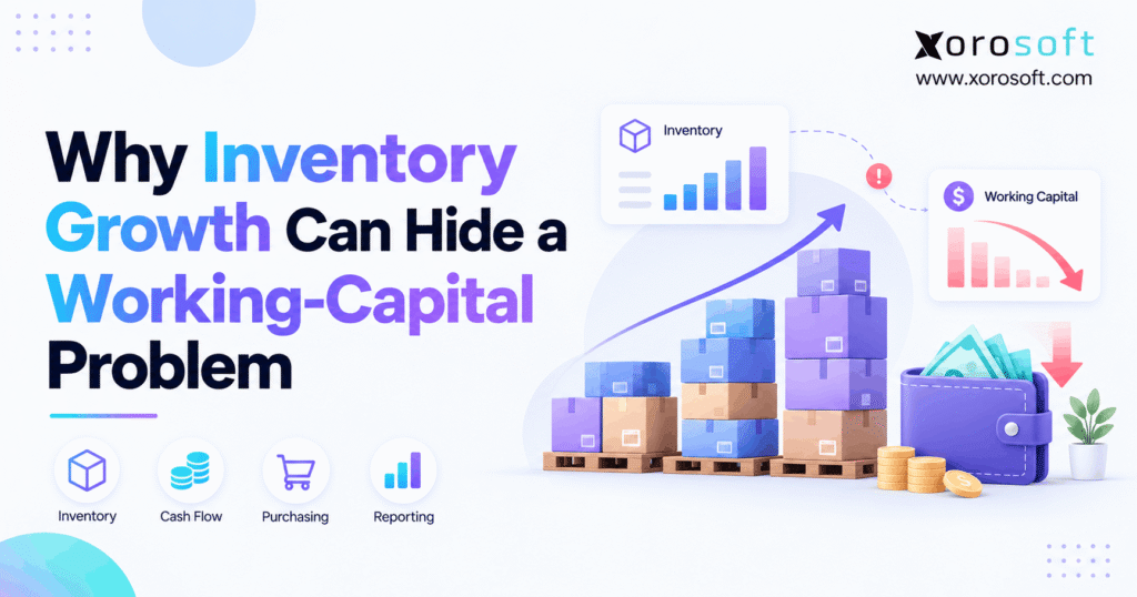 Inventory and working capital illustration showing rising warehouse stock, declining cash reserves, and hidden financial risks.