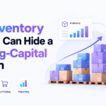 Inventory and working capital illustration showing rising warehouse stock, declining cash reserves, and hidden financial risks.